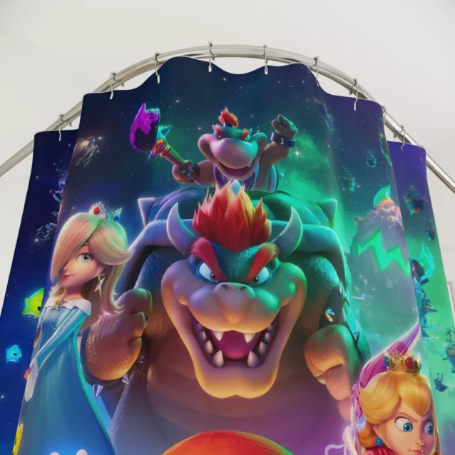 Personalized kids bath curtain featuring Bowser Jr and Kamek magical effects.