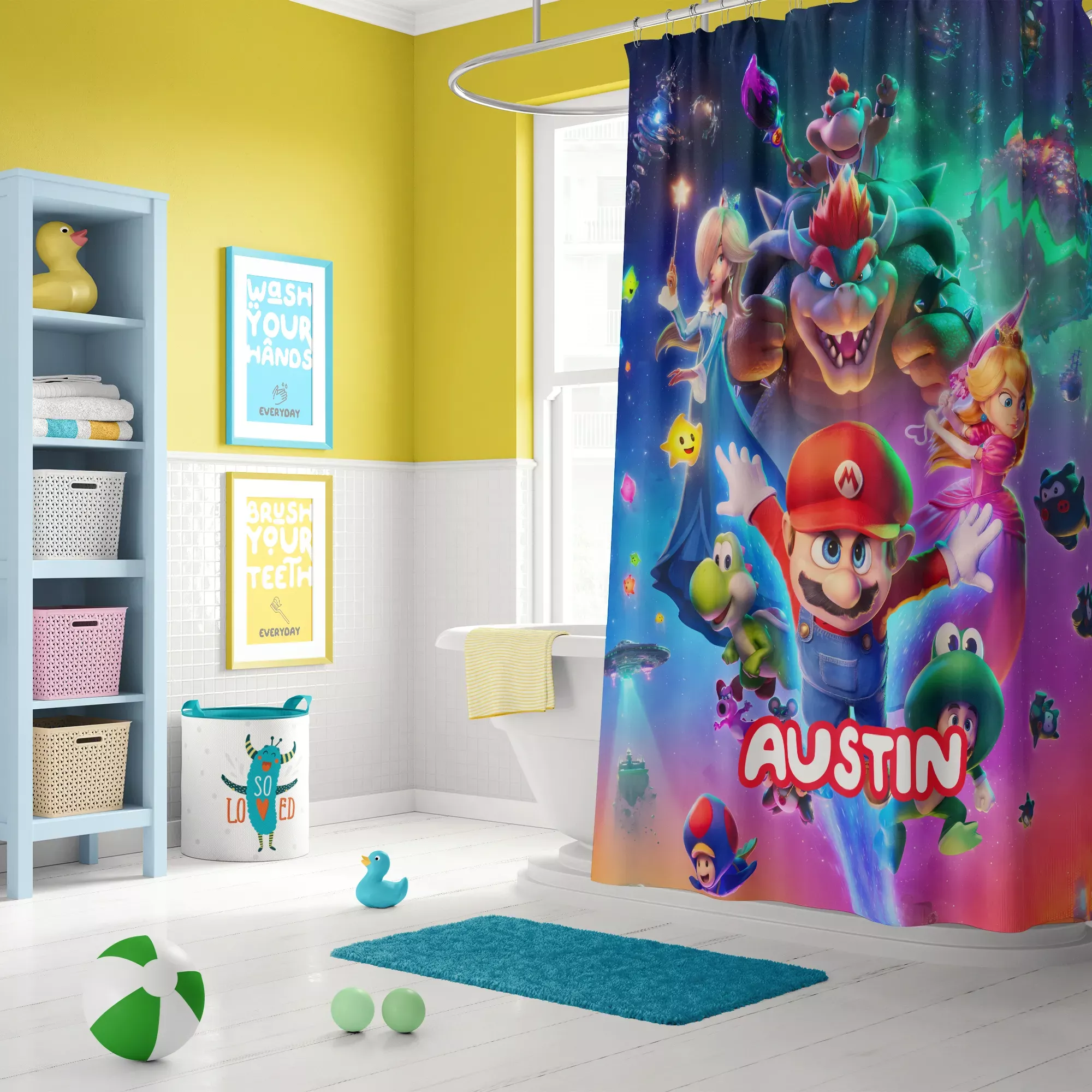 Custom Super Mario Galaxy Shower Curtain | Gamer Bath Decor