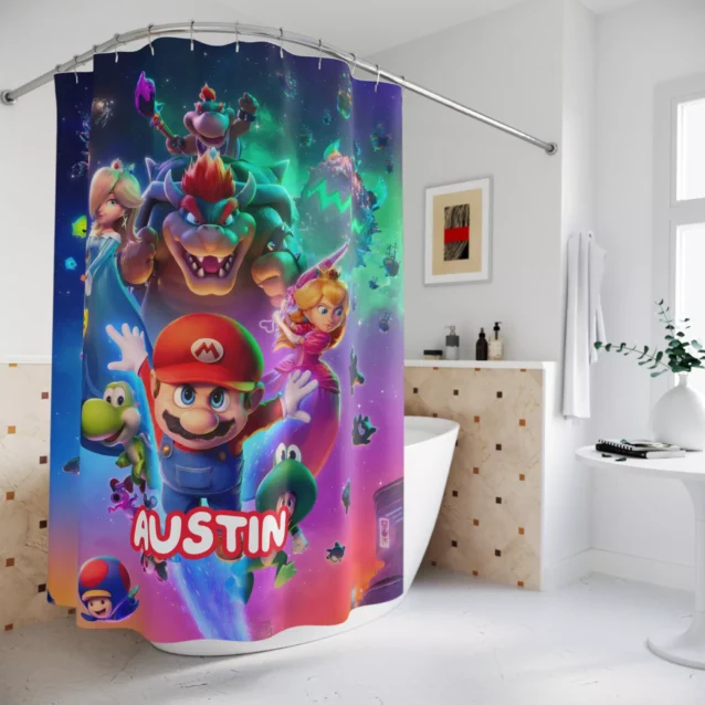Dark glowing purple Super Mario villain custom shower drape for boys bathroom.