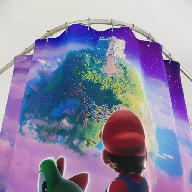 Custom kids bathroom decor showing Mario and Yoshi on a glowing green planet.