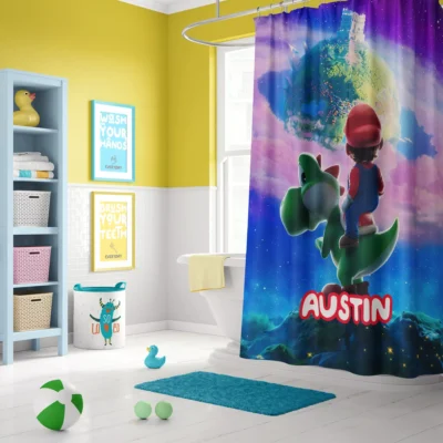 Personalized Super Mario Galaxy shower curtain featuring Mario riding a green Yoshi in space with custom name Austin.