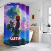 Super Mario Galaxy bathroom shower curtain with vibrant purple and blue space background.