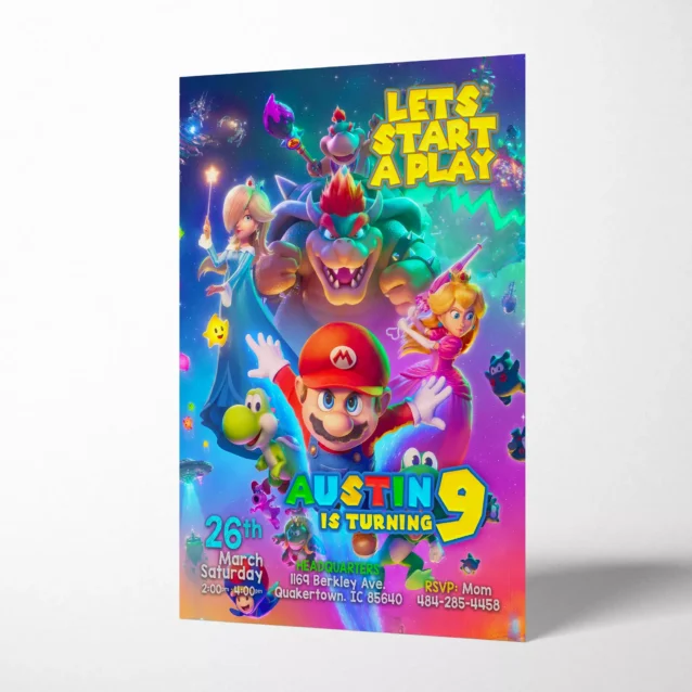 Personalized Mario turning 9 years old birthday card design