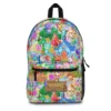 Front view of custom Animal Crossing backpack for school featuring Isabelle and Tom Nook.