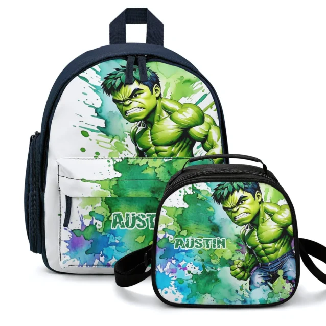 Front view of the Incredible Hulk backpack and lunchbox 2-piece set for school.