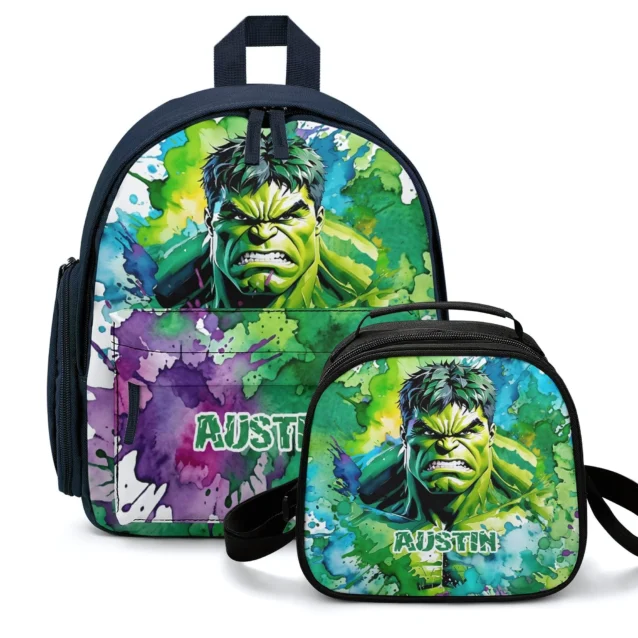 Matching Marvel superhero Hulk backpack with lunch box attached