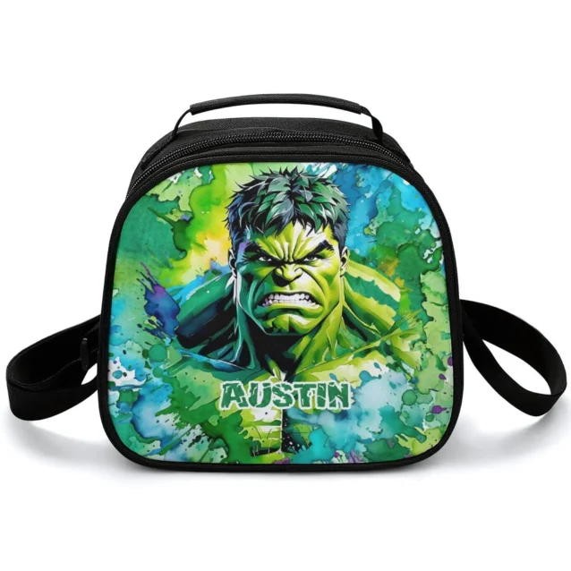 Front view of a retro comic art Incredible Hulk lunch bag perfect for back to school.