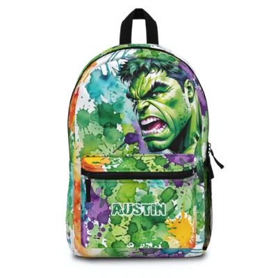 Front view of the classic smash green Incredible Hulk backpack for kids.
