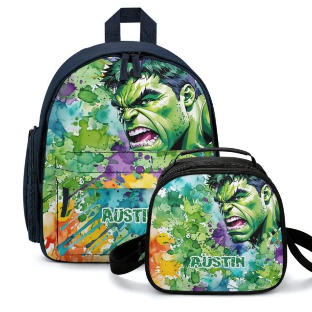 Kids 2-piece school set featuring an Incredible Hulk bookbag and insulated thermal lunch bag.