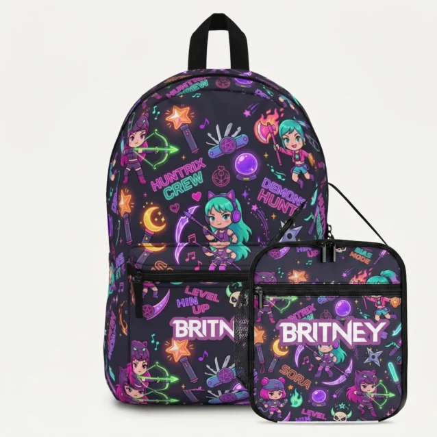 Personalized Neon Bias Typography Kpop school backpack and lunch bag set.