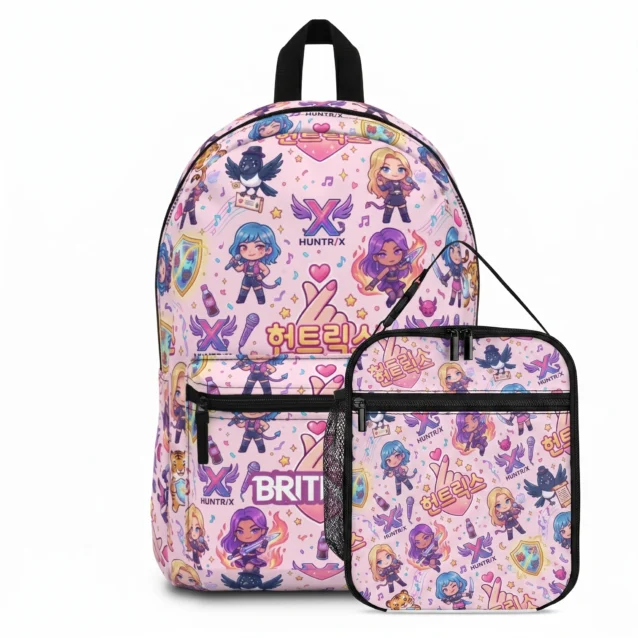 Matching Hangeul Finger Heart Kpop Demon Hunters backpack and insulated lunch bag set.