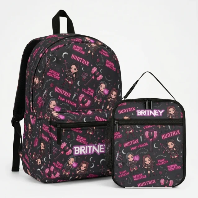 Pink Venom Tour variant custom Kpop Demon Hunters backpack and lunch bag combo.