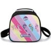 Insulated multi-color lunch box attached to a classic pony cast school bookbag.