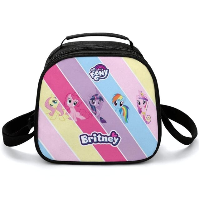 Insulated multi-color lunch box attached to a classic pony cast school bookbag.