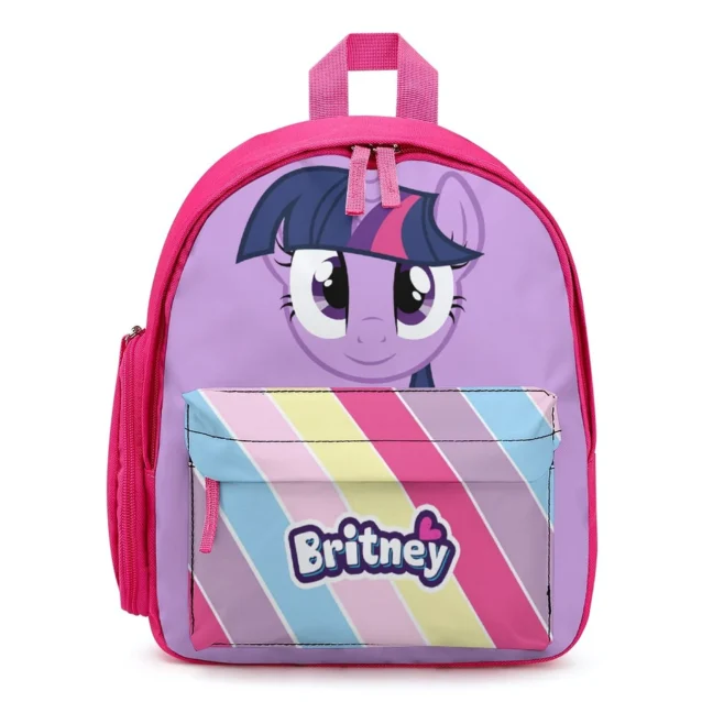 Durable purple My Little Pony school bag for girls with custom printed name.