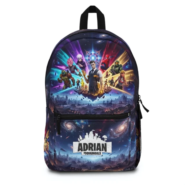 Personalized Fortnite backpack in the Midas & Master Chief Squad design, front view