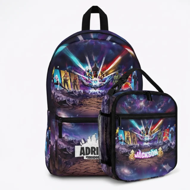 Fortnite backpack and matching lunch bag set in the Luffy & Black Knight Squad design