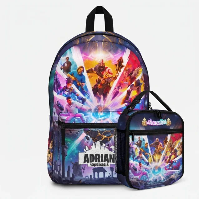 Fortnite backpack and matching lunch bag set in the Kratos & Jedi Legends design