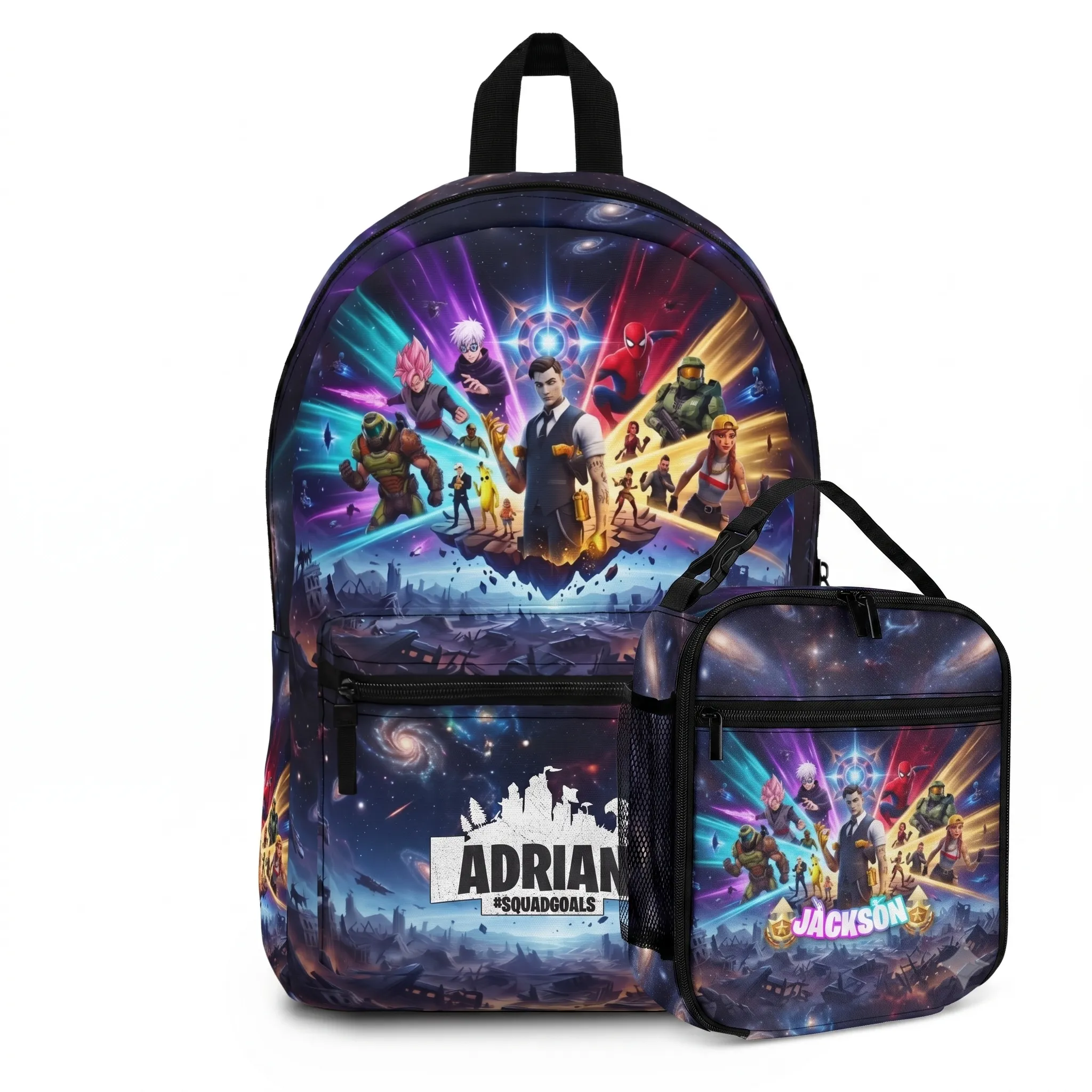 Fortnite backpack and matching lunch bag set in the Midas & Master Chief Squad design