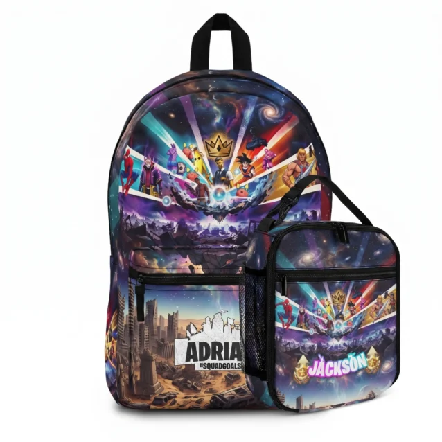 Fortnite backpack and matching lunch bag set in the Goku & He-Man Victory Crown design