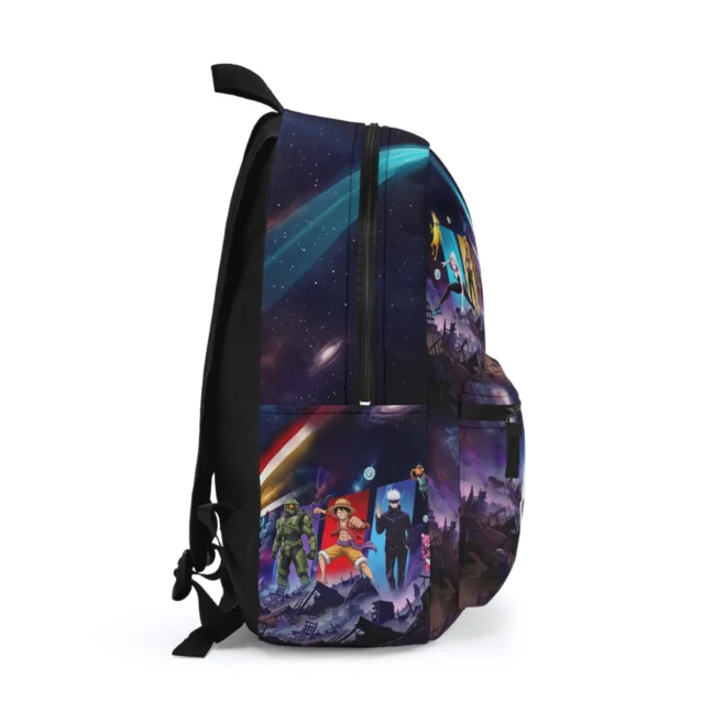 Fortnite backpack in the Luffy & Black Knight Squad design, side view with Master Chief, Luffy and Gojo