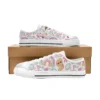 White Barbie Dreamhouse doodle low-top sneakers with a white sole, personalized for kids.