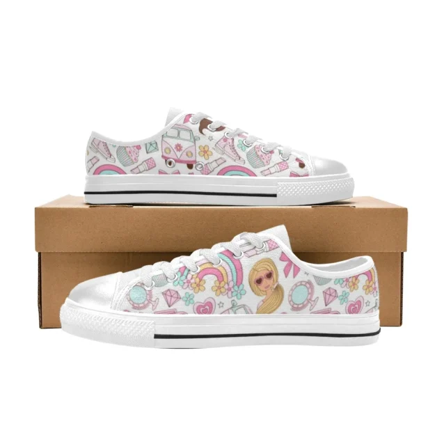 White Barbie Dreamhouse doodle low-top sneakers with a white sole, personalized for kids.