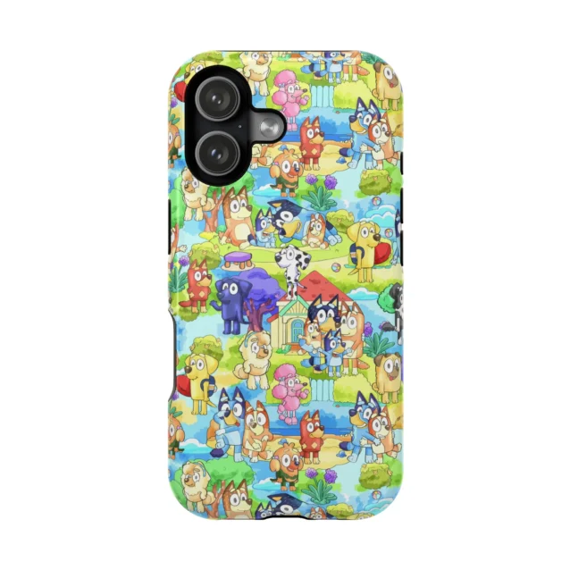 Bluey backyard-adventure phone case showing the Heeler world scene for iPhone, Samsung, and Google Pixel.