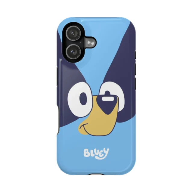 Blue Bluey big-face phone case, a bold close-up of Bluey for iPhone, Samsung Galaxy, and Google Pixel.