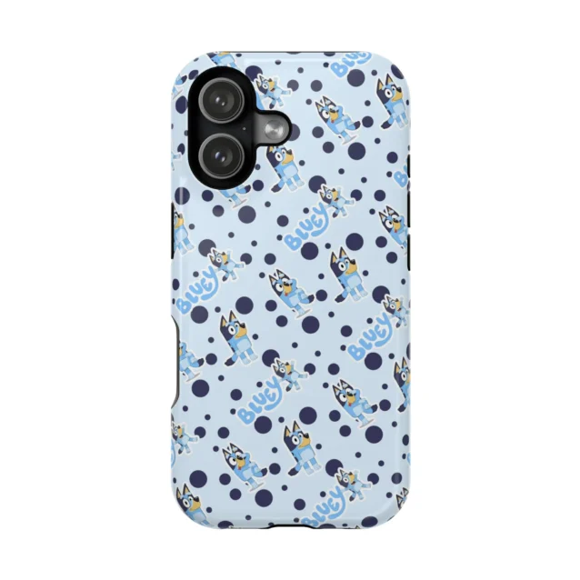 Light-blue Bluey polka-dot phone case for iPhone, Samsung Galaxy, and Google Pixel.