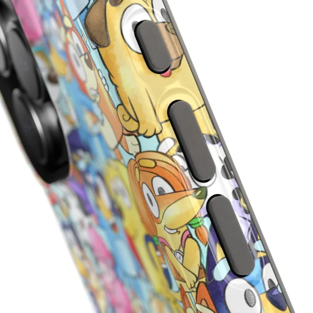 Close-up of the durable Bluey cast-collage tough case with precise side-button cutouts.