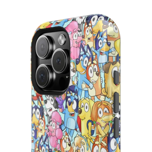 Dual-layer Bluey cast-collage phone case, close-up on the protective camera bezel.