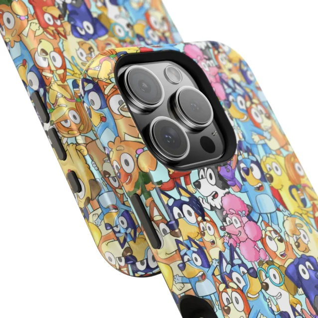 Two Bluey cast-collage phone cases shown at an angle, front and side profile.