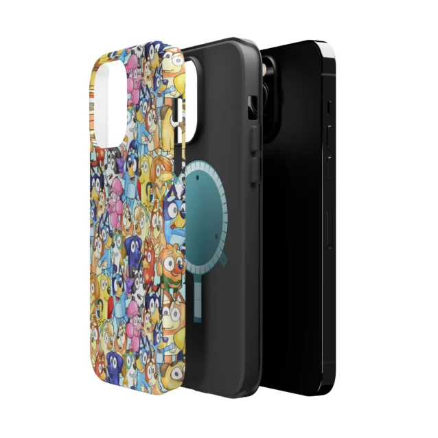 Bluey cast-collage MagSafe phone case showing the embedded magnet ring on the back.