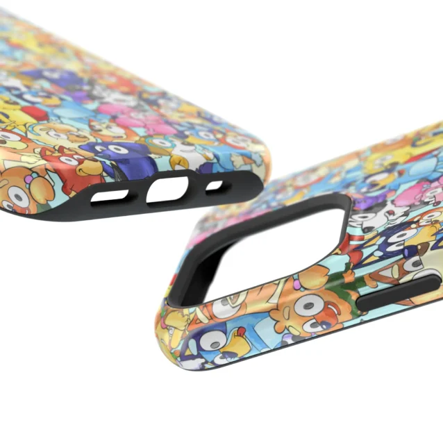 Bottom edge of the Bluey cast-collage case with precise port and speaker cutouts.