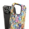 Bluey full-cast collage tough phone case at an angle, showing the camera cutout and vivid print.