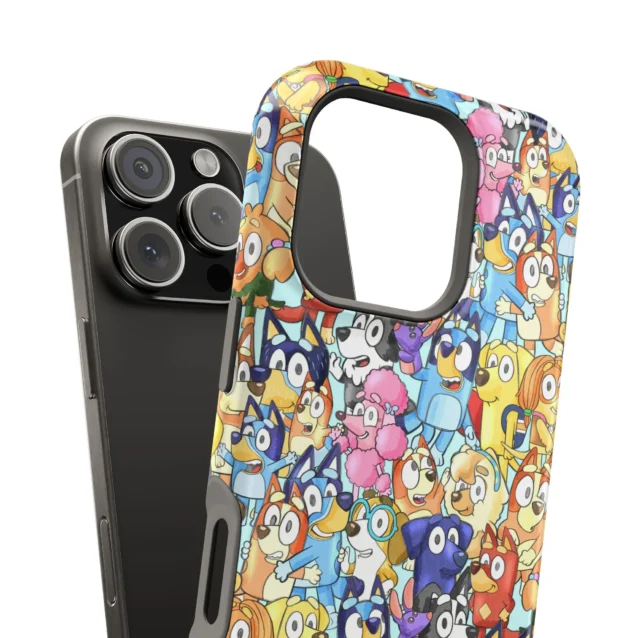 Bluey full-cast collage tough phone case at an angle, showing the camera cutout and vivid print.