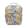 Bluey diaper bag backpack packed with a colorful crowd of Bluey, Bingo and all their friends, the baby's name printed on the pocket.