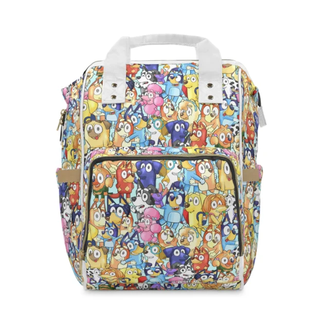 Bluey diaper bag backpack packed with a colorful crowd of Bluey, Bingo and all their friends, the baby's name printed on the pocket.