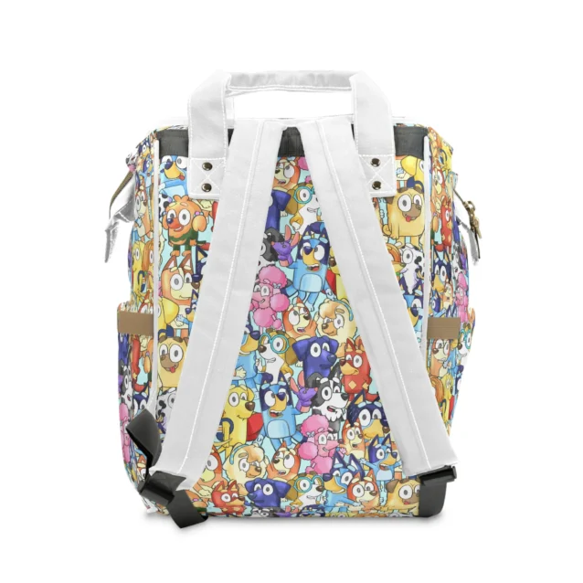 Back view of the Bluey friends crowd diaper bag showing the padded straps.
