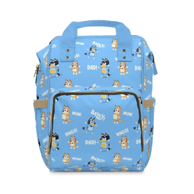 Blue Bluey diaper bag with the Heeler family and "MUM!" and "DAD!" lettering, personalized with the baby's name.