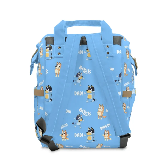 Back view of the blue Bluey Mum and Dad family diaper bag.