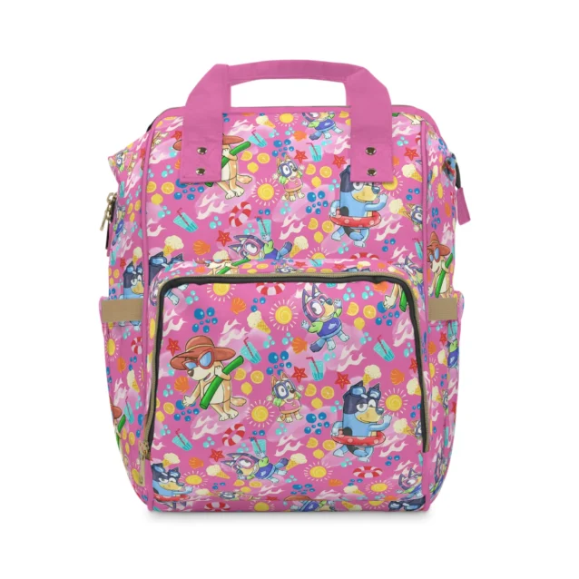 Pink Bluey diaper bag with a summer print — Bluey in a swim ring, Bingo with a water gun, sunshine and ice cream.