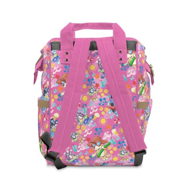 Back view of the pink Bluey summer diaper bag.