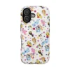 White Bluey phone case with a scattered Bluey and friends wallpaper pattern for iPhone, Samsung, and Google Pixel.