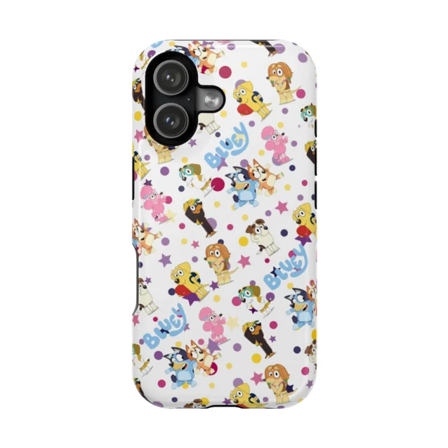 White Bluey phone case with a scattered Bluey and friends wallpaper pattern for iPhone, Samsung, and Google Pixel.