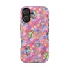 Hot-pink Bluey summer phone case with beach and swim gear for iPhone, Samsung, and Google Pixel.