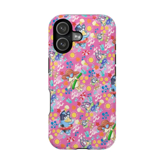 Hot-pink Bluey summer phone case with beach and swim gear for iPhone, Samsung, and Google Pixel.