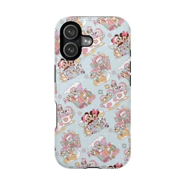 Pastel Bluey theme-park phone case with teacup rides and castles for iPhone, Samsung, and Google Pixel.
