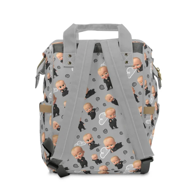 Back view of the grey Boss Baby diaper bag showing the padded straps.